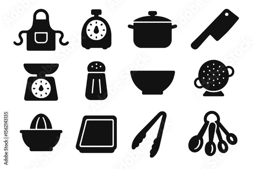 Black set of 12 chef icons. Minimal vector for food prep and professional cuisine.