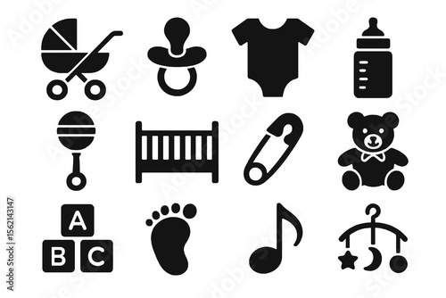 12 black baby icons. Solid vector for parenting, nursery, and infant care.