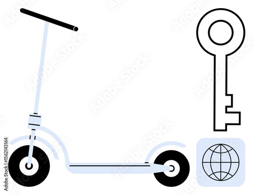 Scooter with a sleek frame, large key, and globe icon illustrating convenience, mobility, freedom, innovation, secure access, global connectivity sustainable commuting. Simple flat metaphor