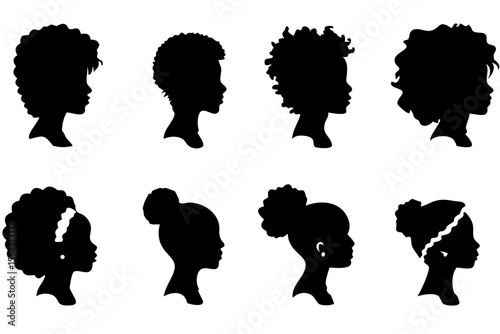 Afro girl black woman silhouette vector with curly hair on transparent background
