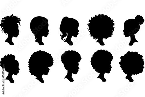 Silhouette afro girl with curly hair, black woman face vector on transparent background
