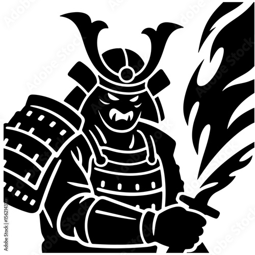 Samurai warrior with flaming sword illustration, black and white vector design