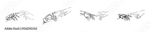 Silhouette of human and robotic hand touching, minimal design, white background
