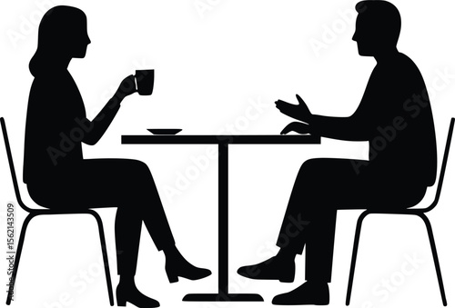 Silhouette of two people seated at a table having a conversation with gestures and a cup

