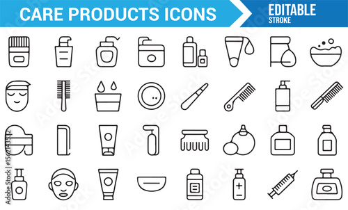 Icons of cosmetic and hygiene products, including bottles, creams, and brushes for design.