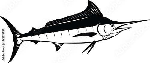 Silhouette of marlin fish in profile with elongated bill and dynamic tail fin

