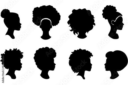 Vector silhouette of black woman face with afro hairstyle on transparent background
