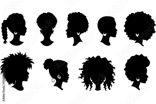 Black woman face silhouette with afro hairstyle, girl vector on transparent background
