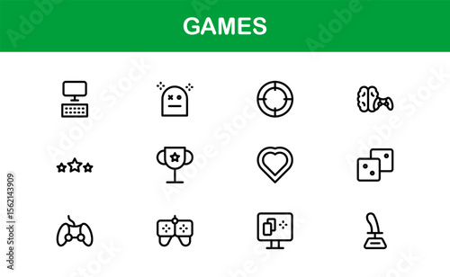 Games, modern line icon set featuring minimal, professional, and creative vector symbols perfect for digital design, apps, entertainment, and more.