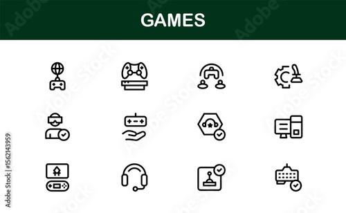 Games, modern line icon set featuring minimal, professional, and creative vector symbols perfect for digital design, apps, entertainment, and more.