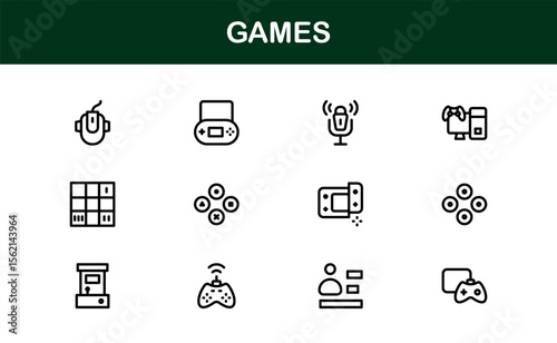 Games, modern line icon set featuring minimal, professional, and creative vector symbols perfect for digital design, apps, entertainment, and more.