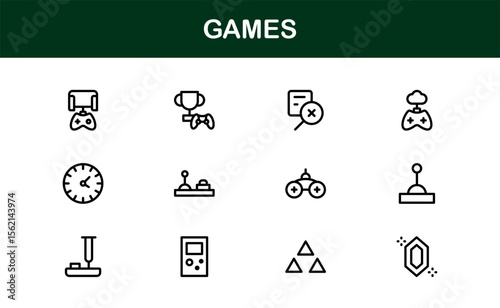 Games, modern line icon set featuring minimal, professional, and creative vector symbols perfect for digital design, apps, entertainment, and more.