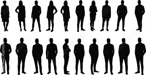 Silhouette of 20 people standing in two rows wearing business attire in a professional group setting

