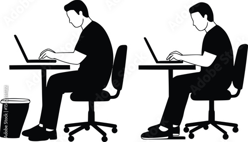 Silhouette of two people working on laptops at desks in a focused office setting

