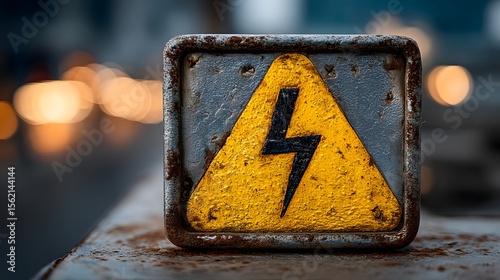 High voltage sign warns danger on corroded metal in urban landscape blur detail