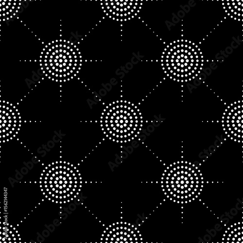 Black and white background with circles. Vector seamless texture. Dotted grid.
