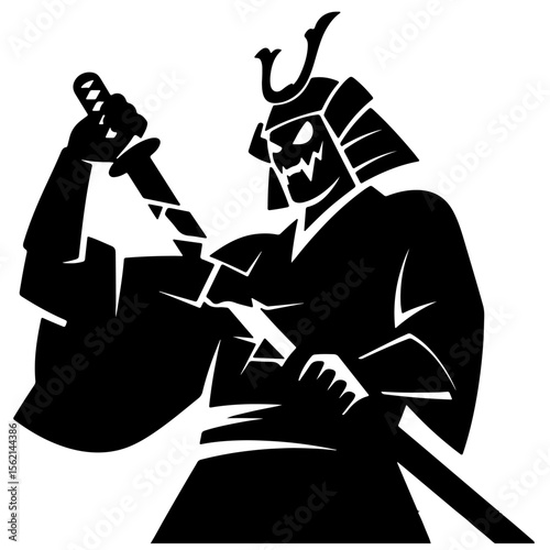 Samurai warrior illustration in black and white, holding a katana, strong and fierce.