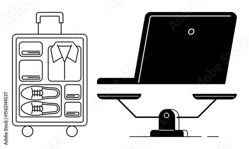 Organized suitcase with clothing and shoes alongside a balancing scale holding a laptop, symbolizing work-life balance, productivity, travel, organization, digital nomad lifestyle, remote work
