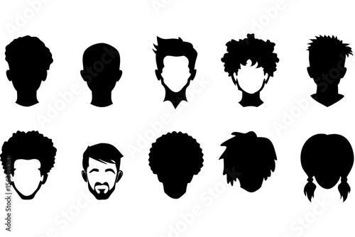 Black man face silhouette with afro boy hairstyle, vector isolated on transparent background
