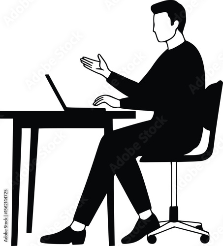 Silhouette illustration of a seated individual in office chair using laptop and gesturing during discussion or meeting