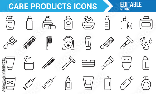 A collection of care product icons, including skincare, beauty, and cosmetic items such as creams, bottles, combs, and face masks in a minimalist line art style.