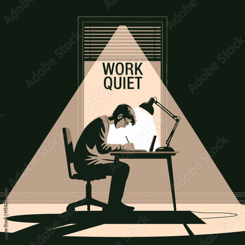 Focused Student Working in a Quiet Study Space Silhouette person diligently working desk well lit study area The sign Work Quiet visible above student work study