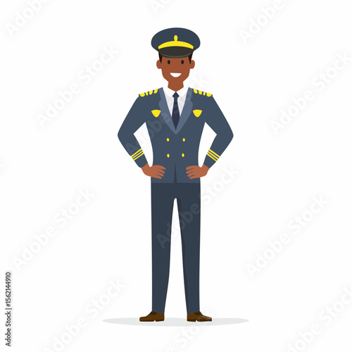 Cartoon vector illustration of a policeman in uniform with a hat and badge on a white background