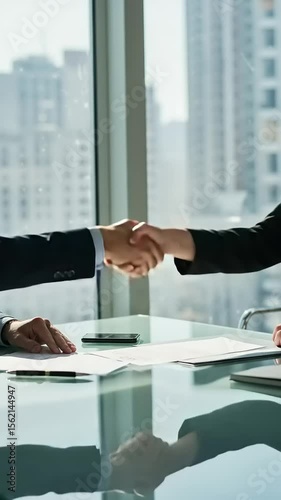 Successful partnership, handshake between business people in office, modern building view