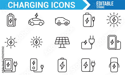 Set of renewable energy charging icons featuring solar power and electric vehicles.