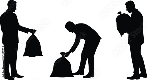 Silhouette of three people handling debris or waste bags in manual labor scene