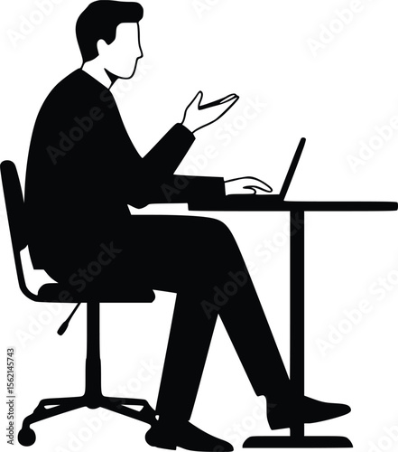 Silhouette illustration of a person seated at desk, gesturing and engaged in work or communication with a laptop