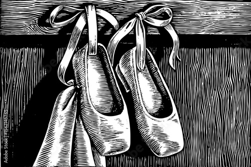 ballet shoes hanging on a hook with flowing ribbons, ideal for dance studio posters, ballerina-themed journals, performance programs or ankle tattoos a black and white line art illustration