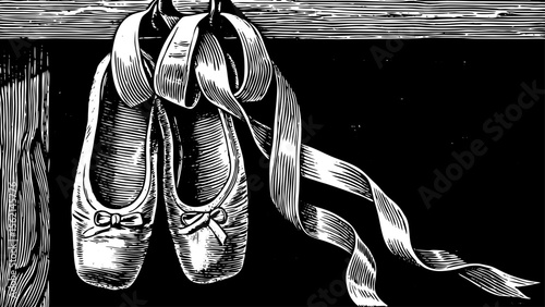 ballet shoes hanging on a hook with flowing ribbons, ideal for dance studio posters, ballerina-themed journals, performance programs or ankle tattoos a black and white line art illustration