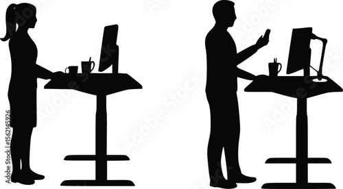 Silhouette of two people using standing desks, one seated with mug, other standing multitasking