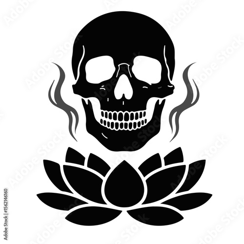Black skull with smoke above lotus flower design element, illustration