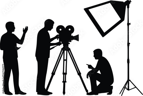 Silhouette illustration showing a video crew directing, filming, and managing lighting equipment