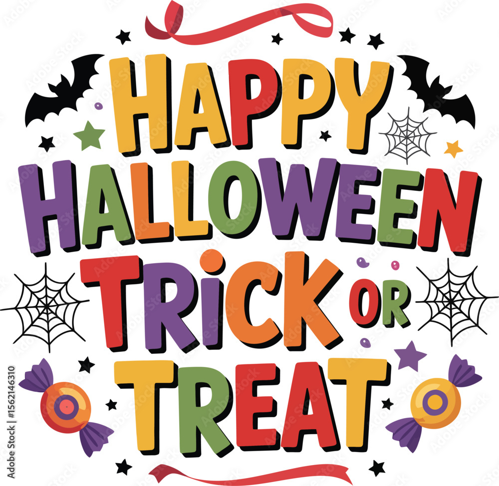 Fototapeta premium Colorful Happy Halloween Trick or Treat Design with Bats Stars Spiderwebs Candy and Ribbons Perfect for Invitations Decorations and Festive Holiday Celebrations on a White