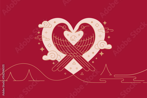Qixi festival round badge with red and beige elements featuring love symbol and traditional Asian styling  