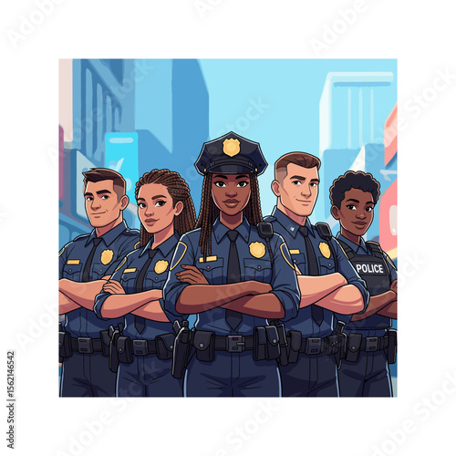 Group of diverse police officers standing together in the city