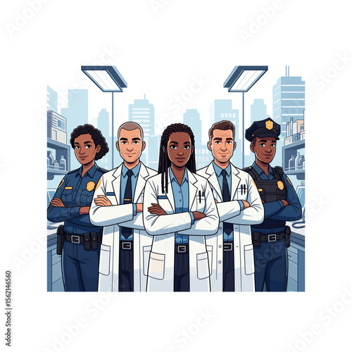 Unity and Service Doctors and Police Standing Together