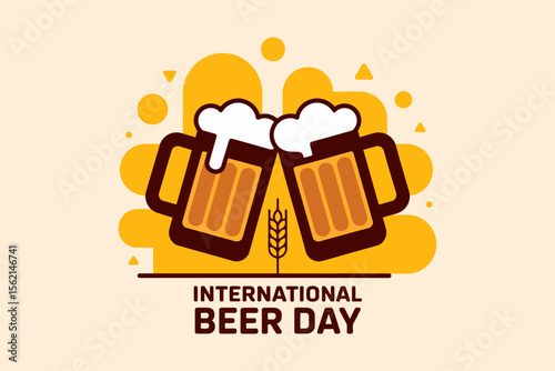 International beer day logo with clinking mugs and wheat icon for global beer lovers celebration print  