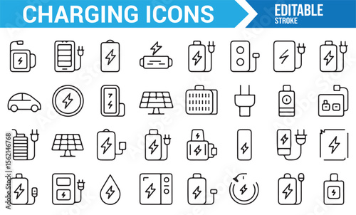 Simple icons representing electric charging, energy storage, and solar energy systems.