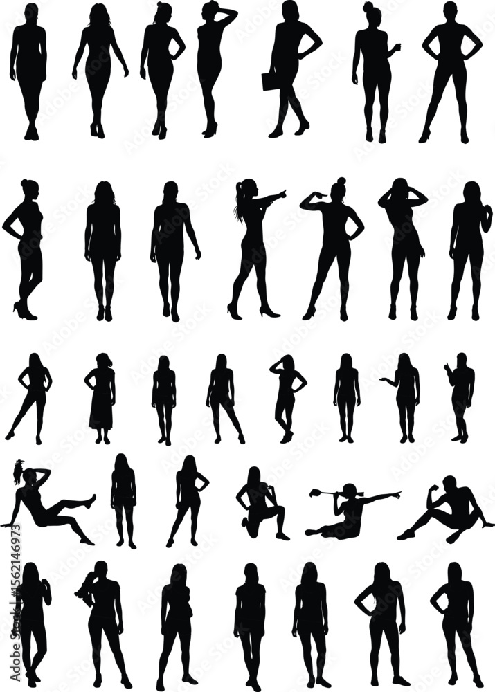Fototapeta premium Collection of Female Silhouettes Poses and Styles for Design
