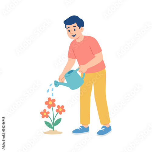 man watering flowers illustration