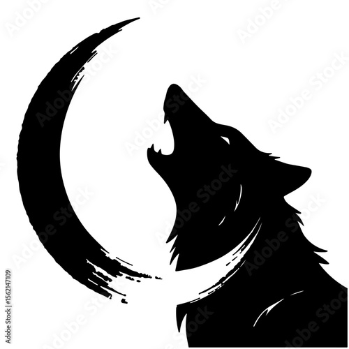 Howling Wolf Silhouette with Crescent Moon, Black and White Vector Illustration