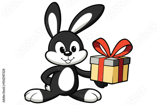 Cartoon rabbit holds a shiny gift box with an elegant red bow on pure white