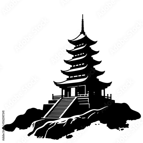 Black and white vector illustration of a pagoda on a hill