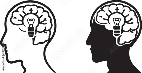 Black and white vector illustration of a head with a lightbulb in the brain, idea concept