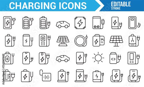 Various charging icons for digital designs, featuring power sources like solar and battery chargers.