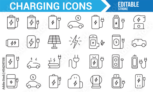 Line art icons of charging systems, including solar, electric vehicles, and battery charges.